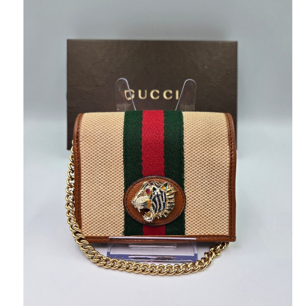 Gucci Tiger Head Wallet on Chain Beige Canvas Brown Leather Gold Chain